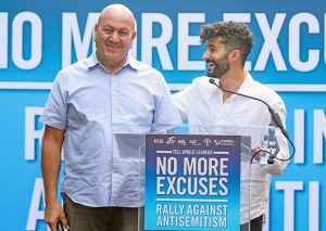 Shalev Biton, right, was rescued from Hamas’ Oct. 7, 2023, pogrom at the Nova festival, and Younes Alkarnawi, a Bedouin who saved him. They spoke together at New York protest.