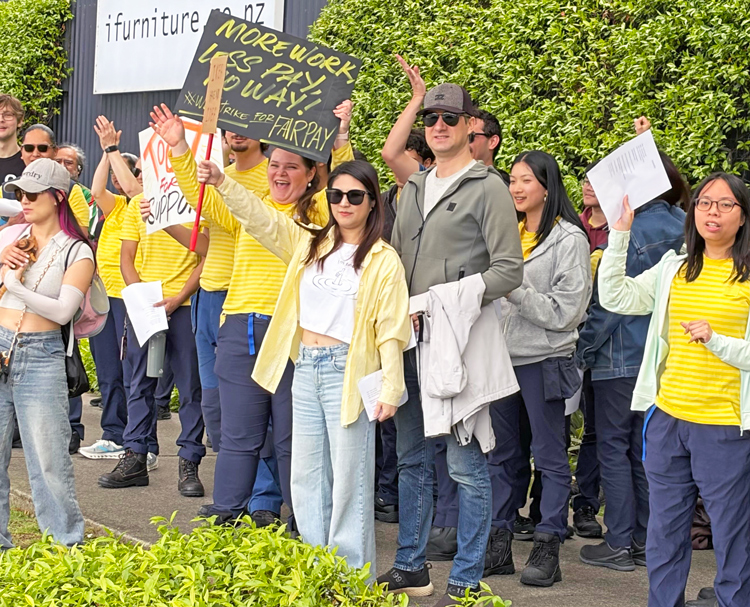 Members of Workers First Union walk out and picket first Ikea store in Auckland, New Zealand, Oct. 24, in fight for higher wages, improved working conditions and for a union contract.
